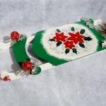 Holiday Ornament Green Sled With Poinsettias..