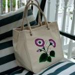 Painted Tote/ Purse/ Handbag Wih Purple And White..