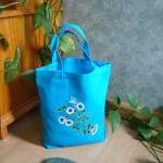 Turquoise Tote Bag With White And Blue Flowers