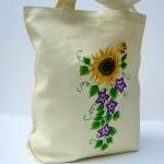 Tote Bag With A Yellow Sunflower And Purple Accent..