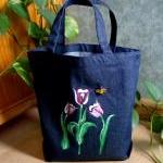 Denim Tote Bag With Red And White Tulips And A..