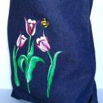 Denim Tote Bag With Red And White Tulips And A..