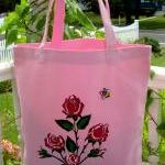 Two Strapped Pink Tote With Painted Red Roses