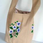 Painted Khaki Hobo Bag With Blue And White Flowers