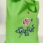 Green Tote Bag With Red Rose And A Ladybug