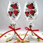 Wine Glasses With Red Flowers