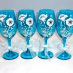 Teal Wine Glasses With White Flowers