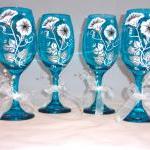 Teal Wine Glasses With White Flowers