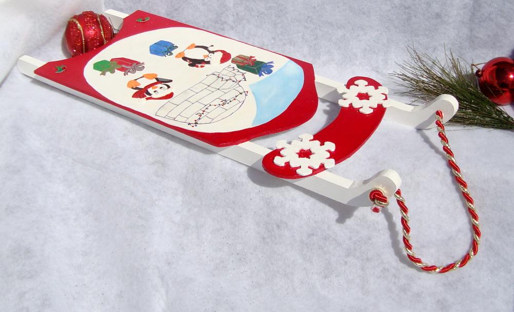 Holiday Ornament Red Sled With Penguins Christmas Decoration