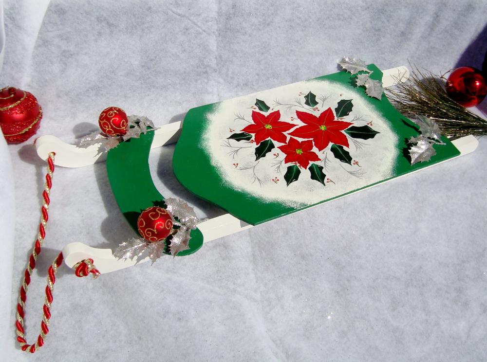 Holiday Ornament Green Sled With Poinsettias Christmas Decoration