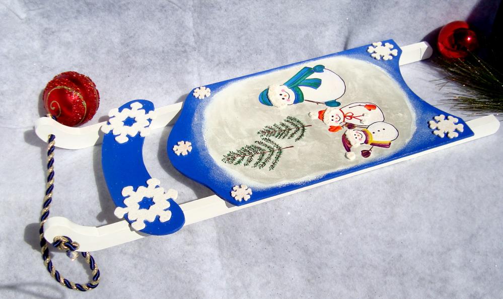 Holiday Ornament Blue Sled With Snowmen Christmas Decoration