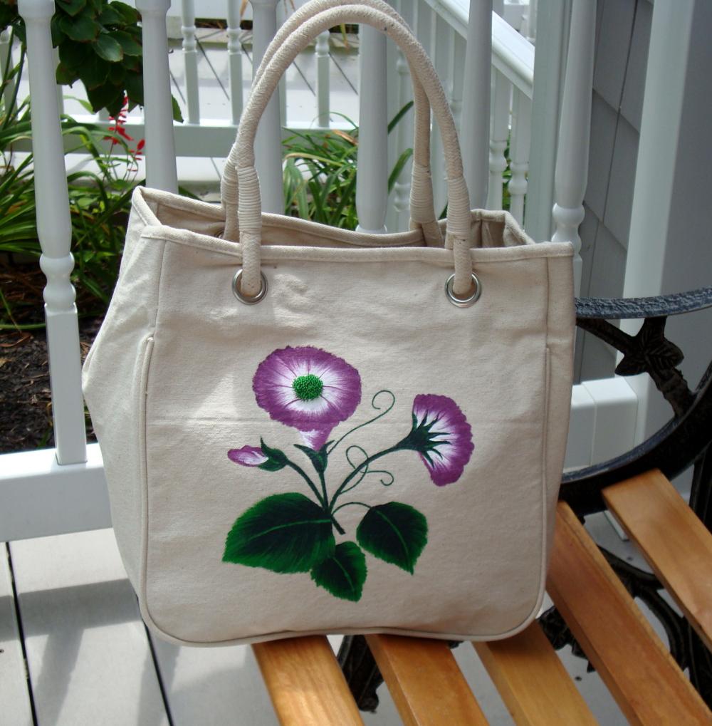 Painted Tote/ Purse/ Handbag Wih Purple And White Flowers