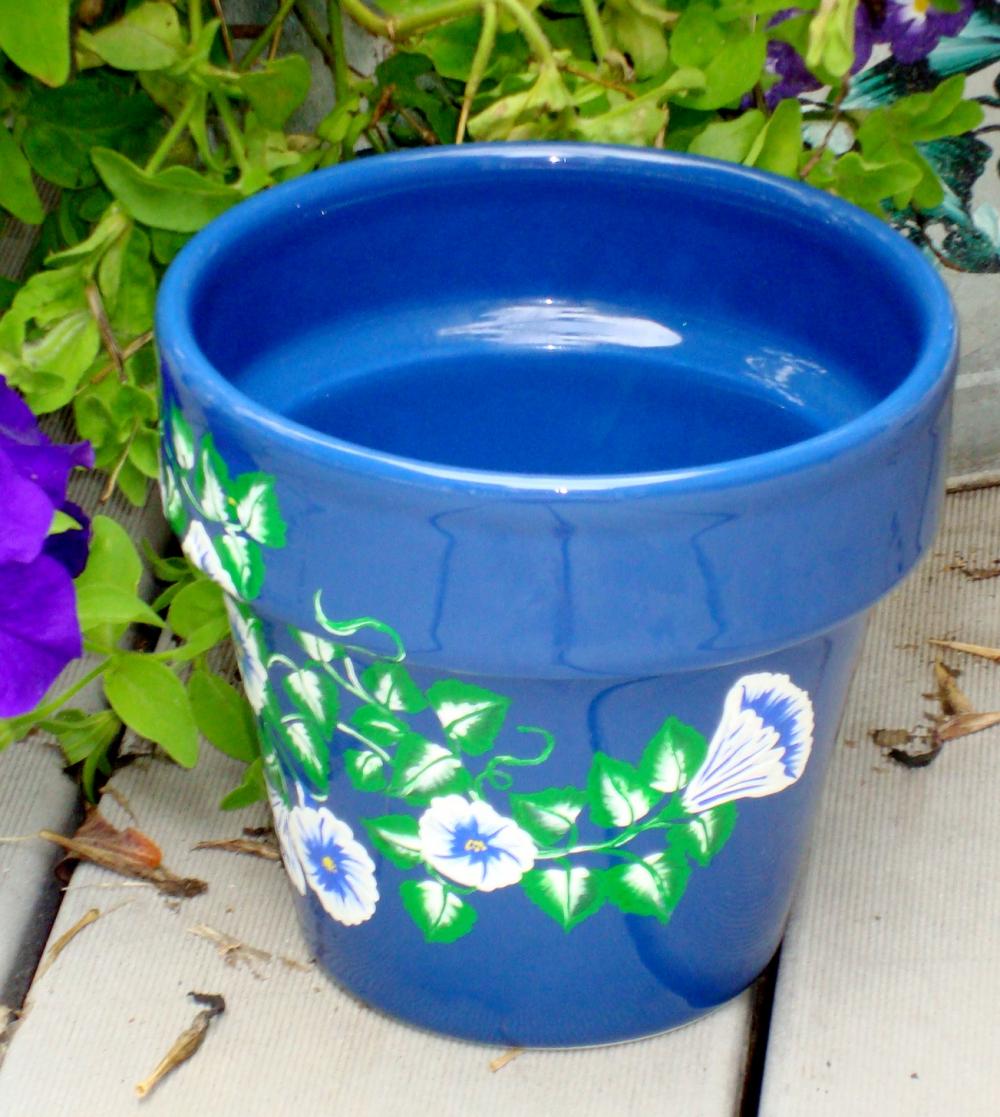 Blue Flower Pot/ Planter With Blue And White Flowers