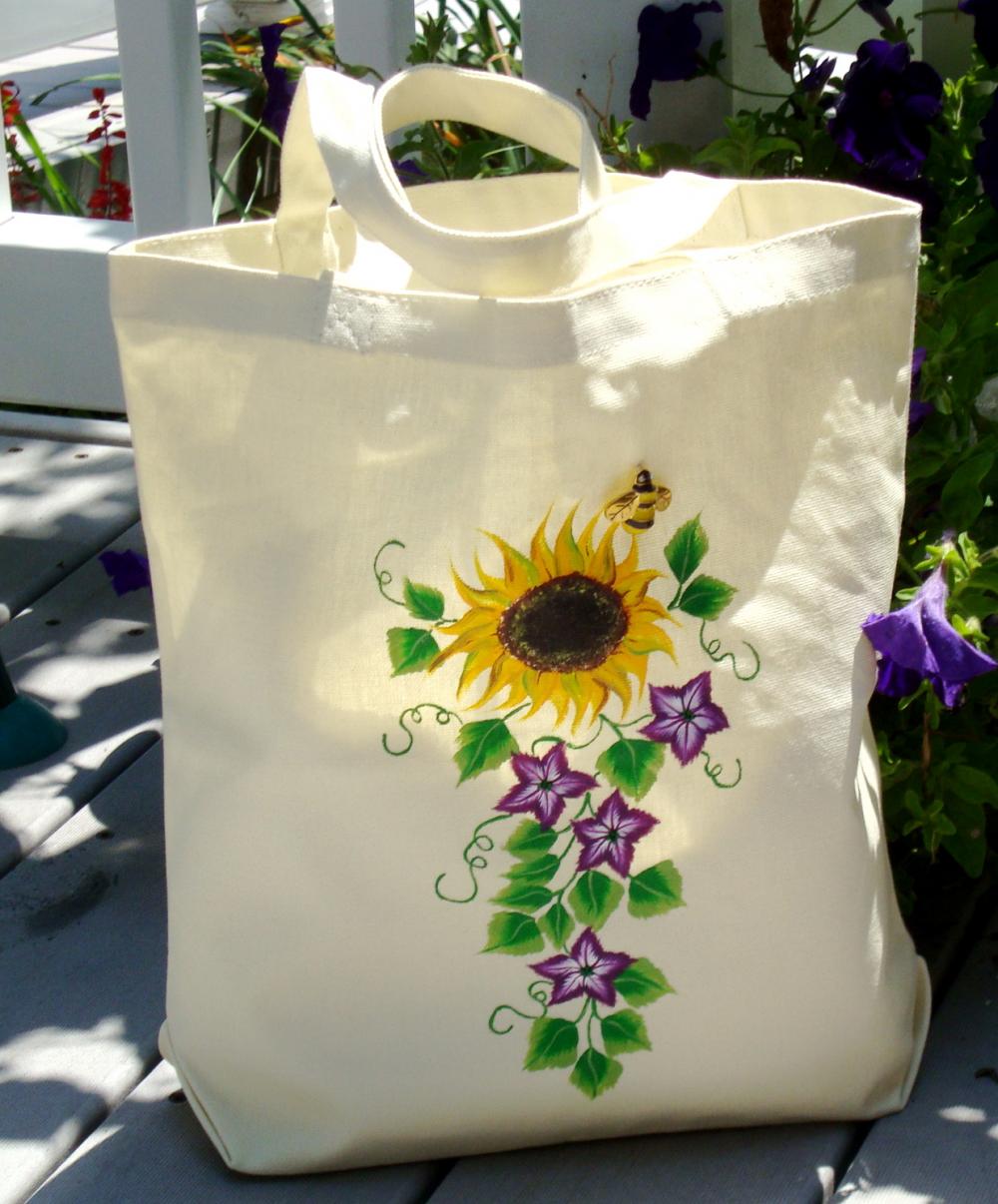 Tote Bag With A Yellow Sunflower And Purple Accent Flowers