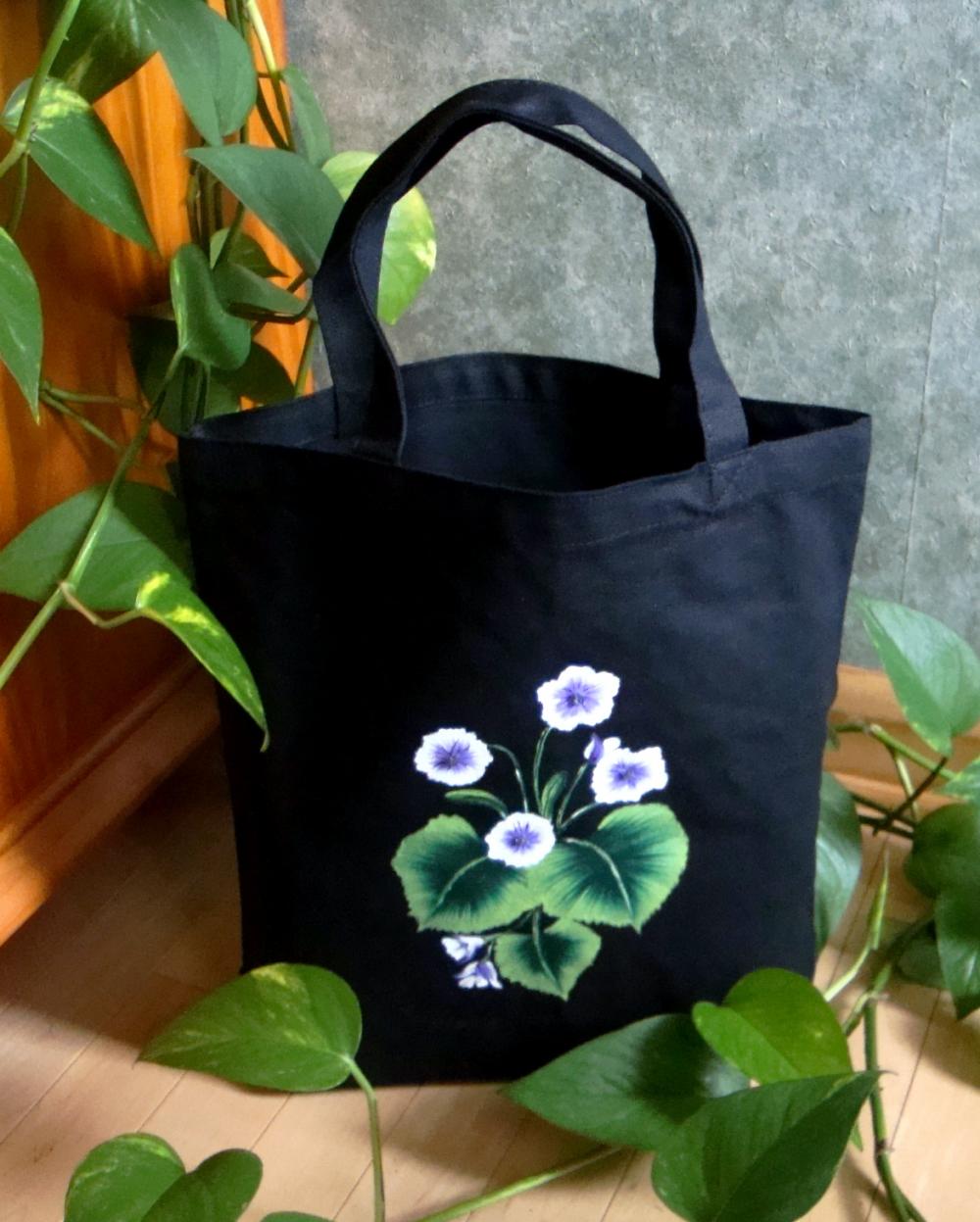 Black Tote Bag With Painted Violets
