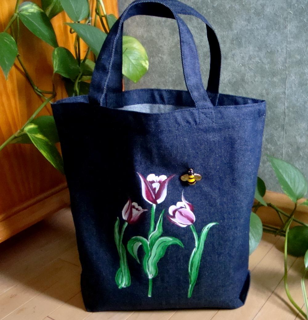 Denim Tote Bag With Red And White Tulips And A Bumblebee Charm