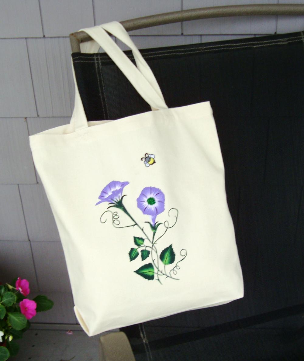 Canvas Tote Bag Purse With Lavender Morning Glories