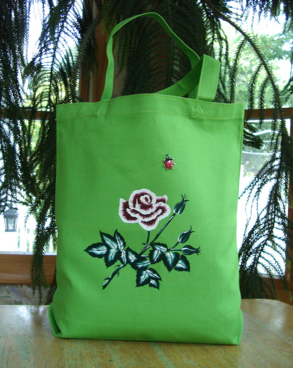 Green Tote Bag With Red Rose And A Ladybug