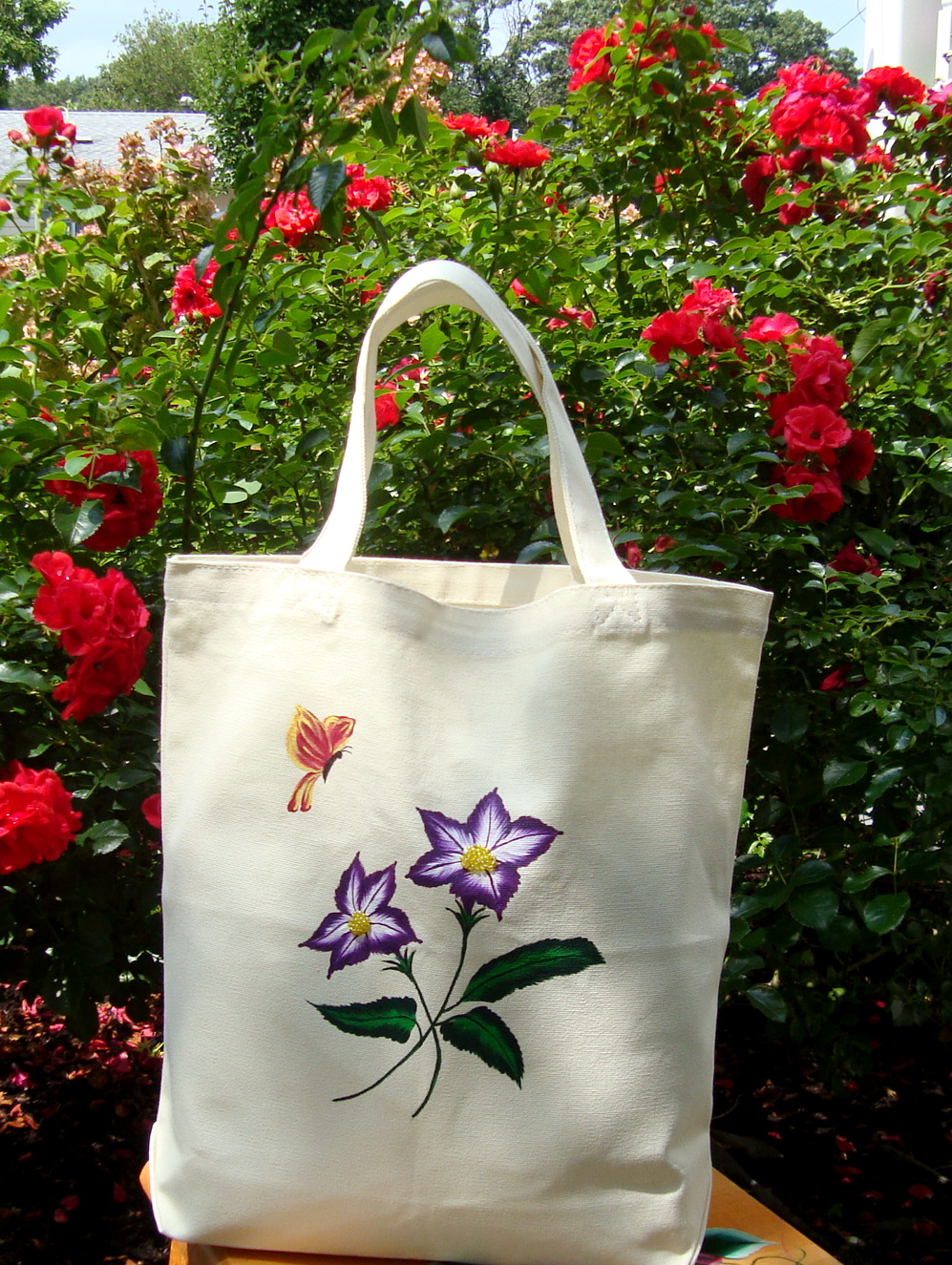 Tote Bag With Violet Flowers And A Red And Yellow Butterfly