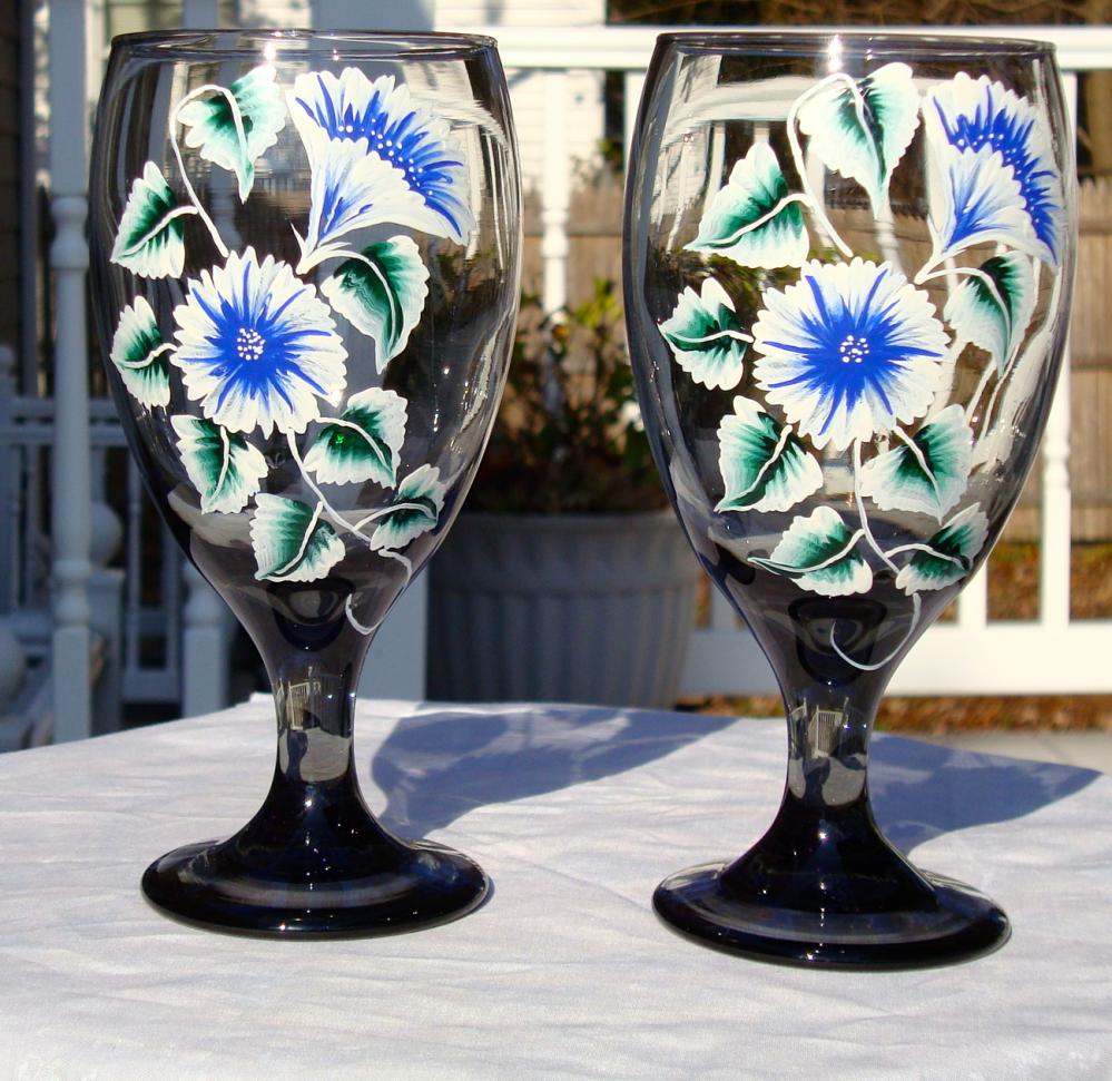 Painted Smoke Wine Glasses With Flowers And Vines